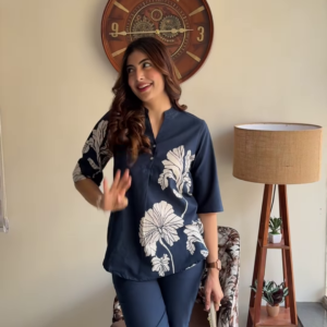 Elegant Navy Blue Floral Print Co-ord Set - Stylish Women's Top and Trousers Outfit