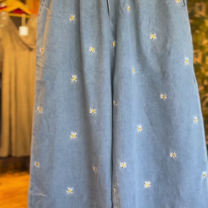 Playful Denim Wide-Leg Trousers with Colorful Flower Appliques & Lace Trim - Women's Unique Bottoms