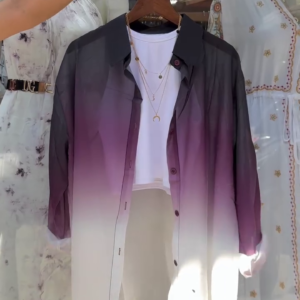 Women’s Gradient Purple-White Button-Up Shirt with Layered Necklace and Crop Top – Trendy Street Style