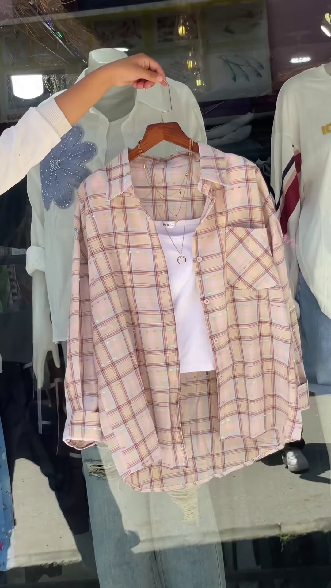 Women’s Pink & White Checkered Overshirt with White Tank Layer – Casual Street Style with Celestial Necklace Accent - Image 3