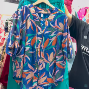 Unisex Geometric Print Button-Up Shirt with Solid Green Skirt – Contemporary Streetwear Fusion