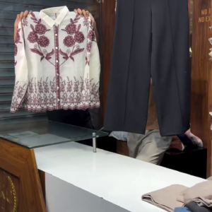 Unisex Maroon Embroidered White Shirt with Black Pants – Casual Ethnic Fusion Ensemble