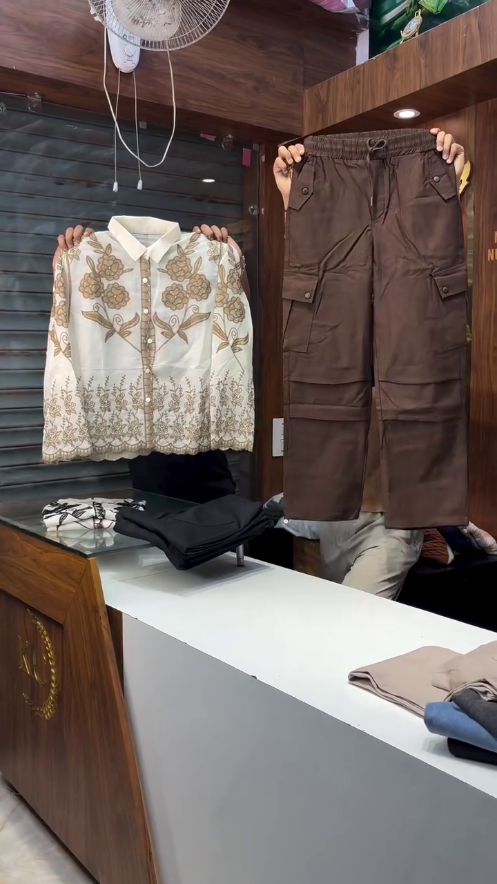 Unisex Maroon Embroidered White Shirt with Black Pants – Casual Ethnic Fusion Ensemble - Image 3