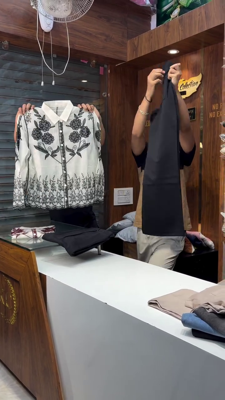 Unisex Maroon Embroidered White Shirt with Black Pants – Casual Ethnic Fusion Ensemble - Image 2