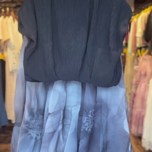 Women’s Black Textured Top with Gray Floral Sheer Skirt – Contemporary Boutique Layered Look