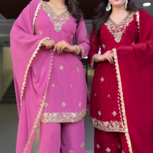 Couple’s Coordinated Embroidered Kurta Set – Pink & Red Traditional Ethnicwear with Dupattas
