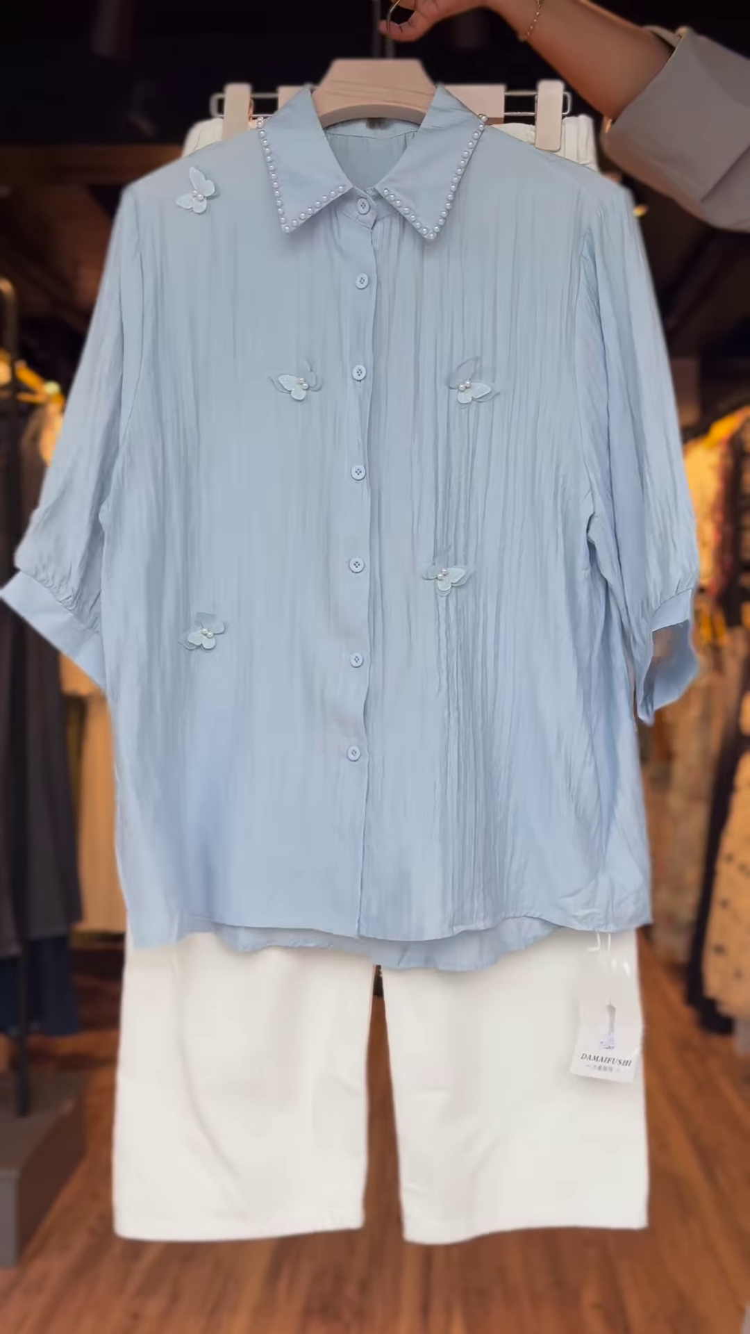 Women’s Pearl-Collar Blue Floral Blouse with White Shorts – Elegant Summer Co-Ord Casualwear