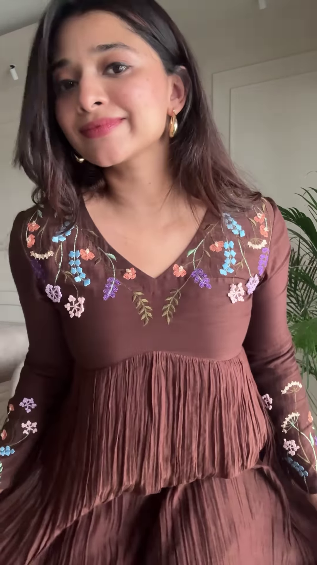 Women’s Brown Floral Embroidered Maxi Dress with Pleated Skirt – Elegant Indo-Western Casualwear - Image 2