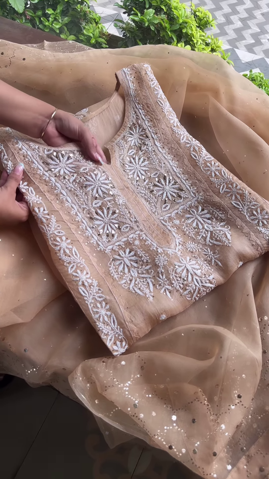 Beige Sheer Embroidered Fabric Panel with White Floral Motifs & Sequin Accents – Ethnicwear Material