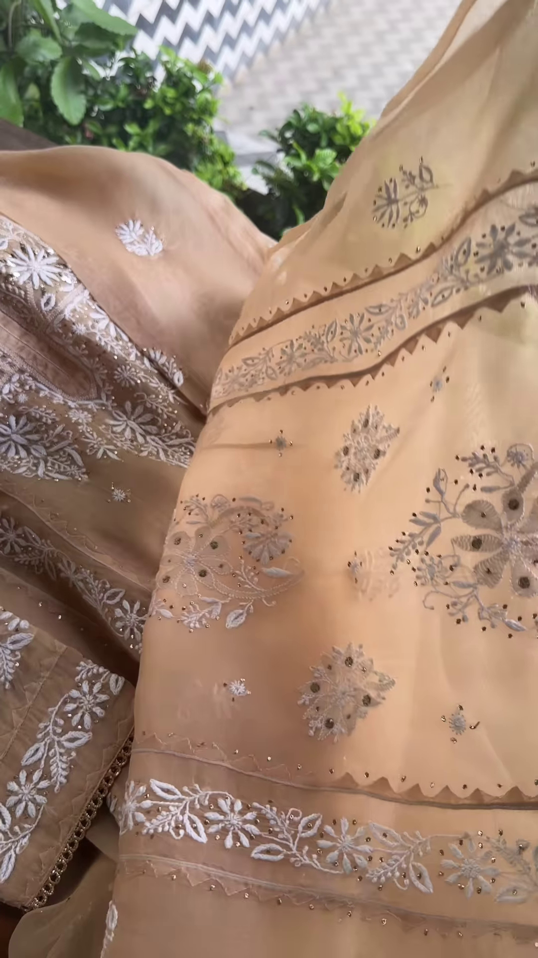 Beige Sheer Embroidered Fabric Panel with White Floral Motifs & Sequin Accents – Ethnicwear Material - Image 5
