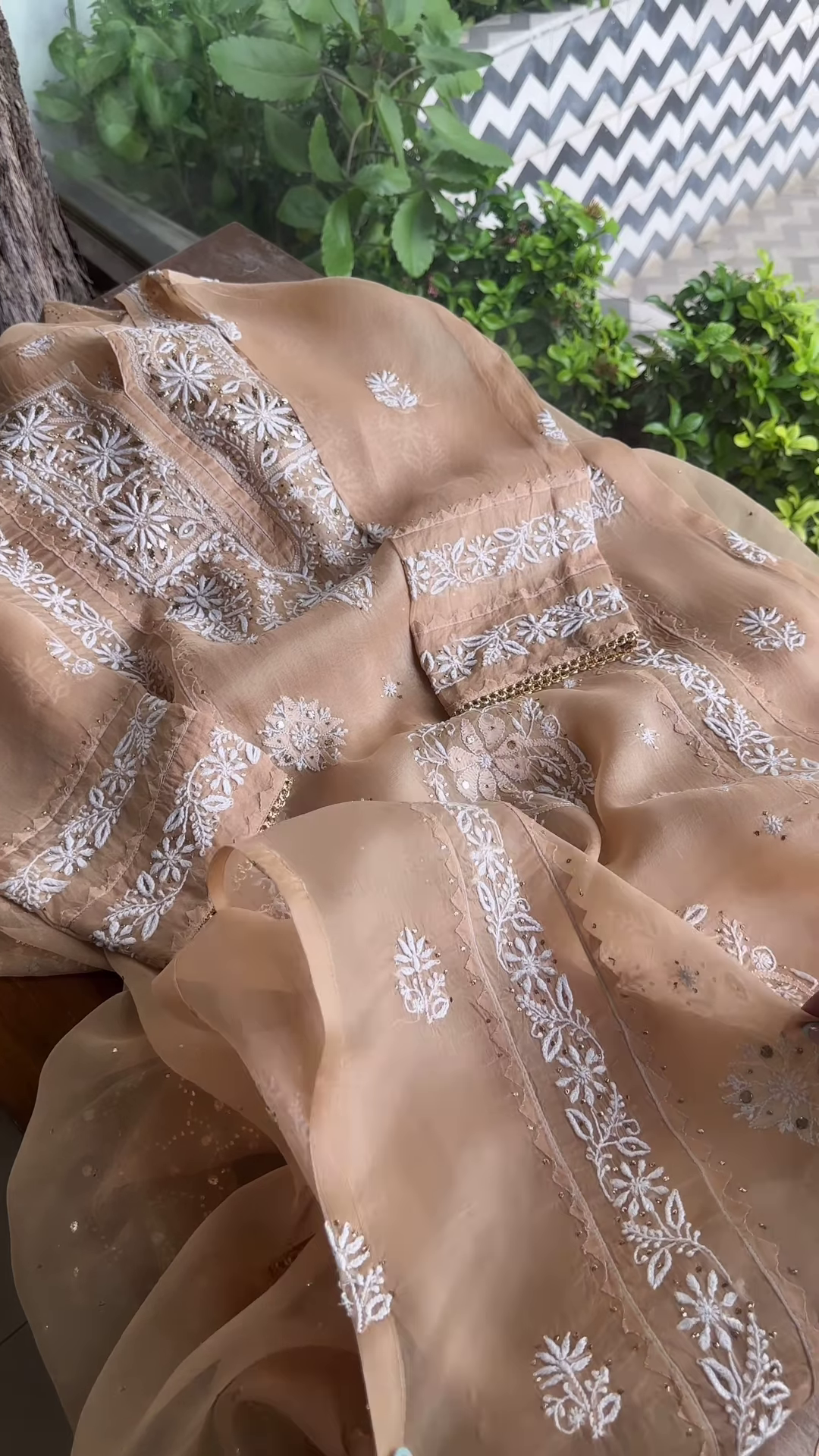 Beige Sheer Embroidered Fabric Panel with White Floral Motifs & Sequin Accents – Ethnicwear Material - Image 3