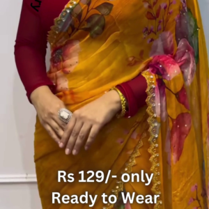 Golden Ochre Chiffon Saree with Painterly Floral Blooms