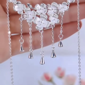 Exquisite Sterling Silver Floral Choker Necklace with Dangling Bell Charms