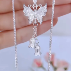 Elegant Sterling Silver Double Layer Chain Necklace with Filigree Butterfly and Floral Drop Charms