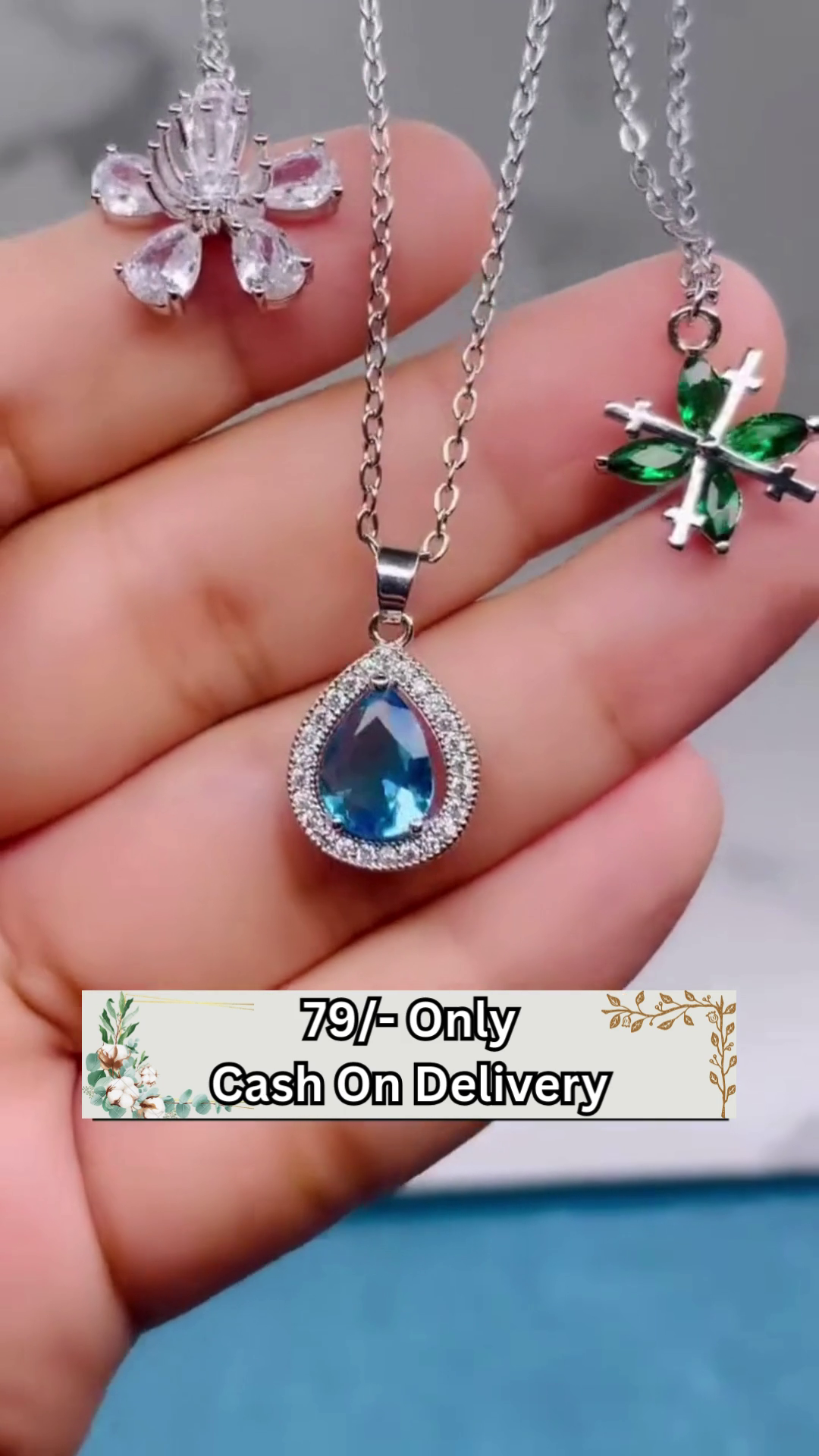 Elegant Sterling Silver Pear-Shaped Blue Gemstone Pendant Necklace with Crystal Halo - Image 2