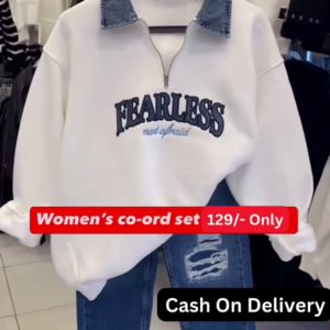 Trendy Women's White Sweatshirt Co-ord Set with "Fearless" Graphic and Distressed Jeans