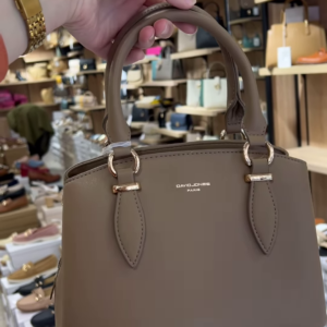 Elegant Structured Top Handle Satchel Handbag in Taupe with Gold-Tone Hardware
