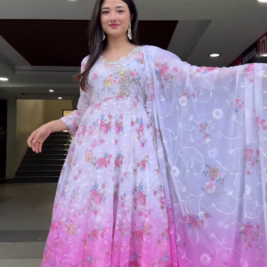 Elegant Women's Floral Print Anarkali Suit Set with Ombre Effect and Dupatta