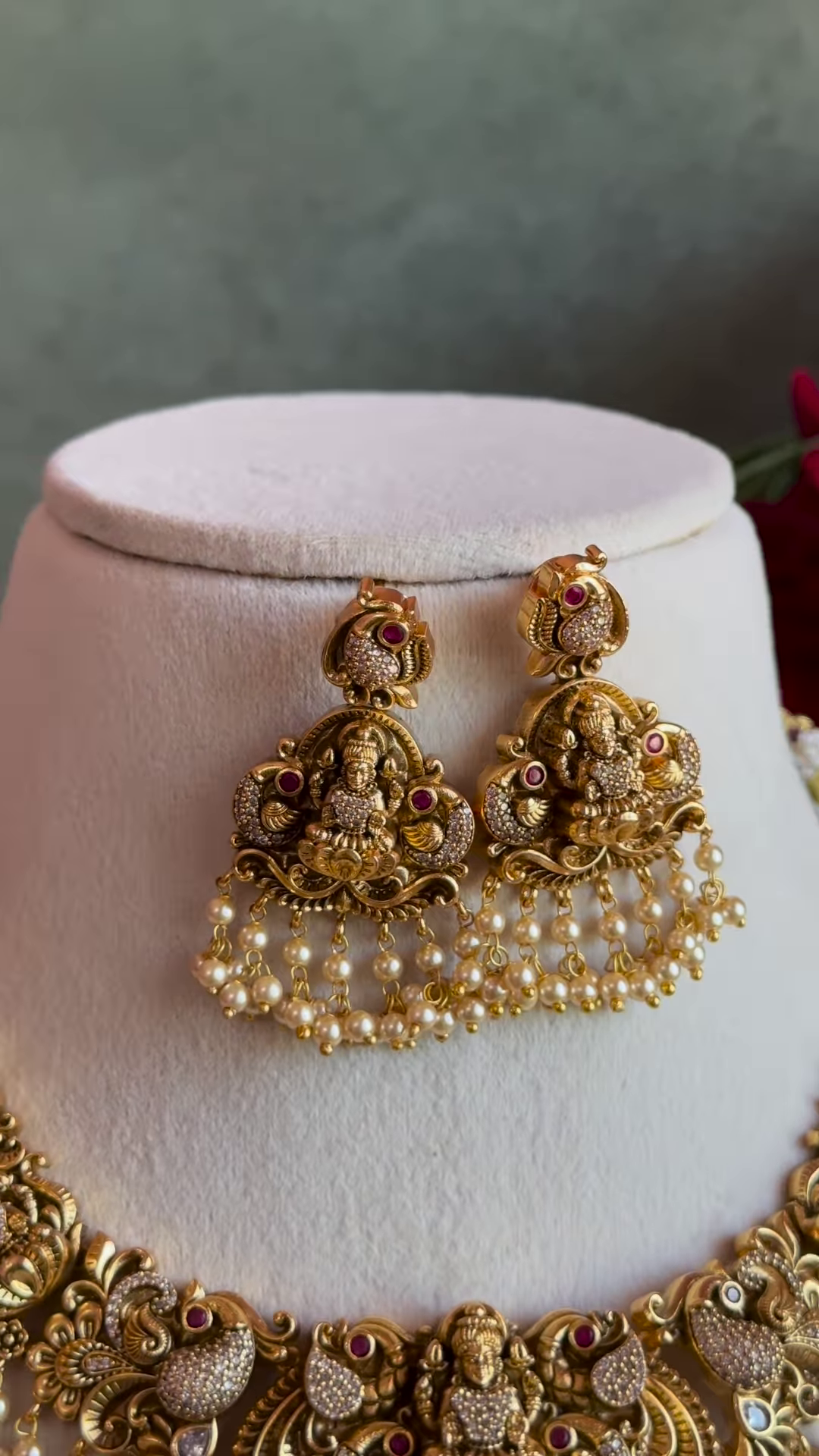 Ornate Gold-Plated Temple Jewellery Necklace Set with Goddess Lakshmi and Pearl Drops - Image 2
