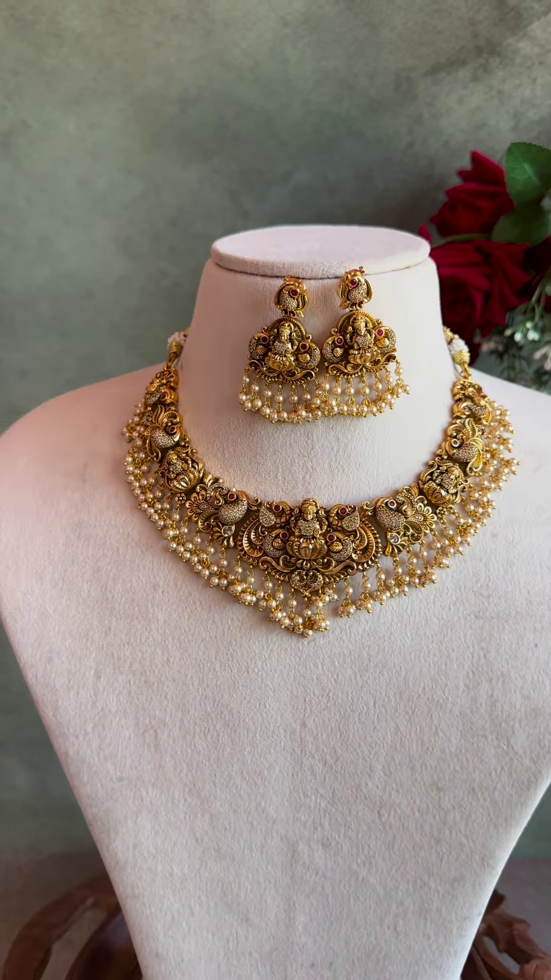 Ornate Gold-Plated Temple Jewellery Necklace Set with Goddess Lakshmi and Pearl Drops - Image 3