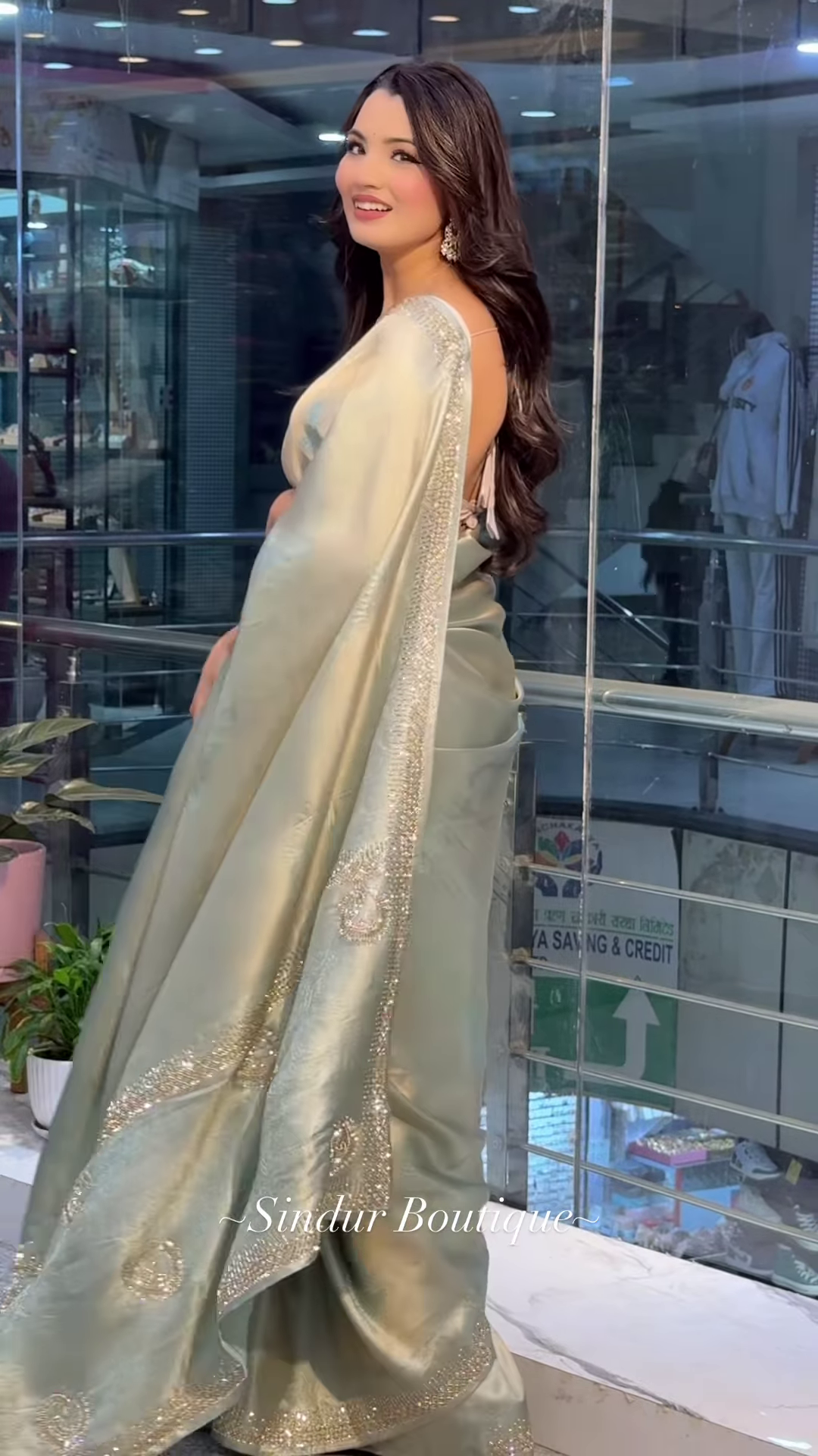 Elegant Sage Green Silk Saree with Sparkling Embellished Border - Image 5