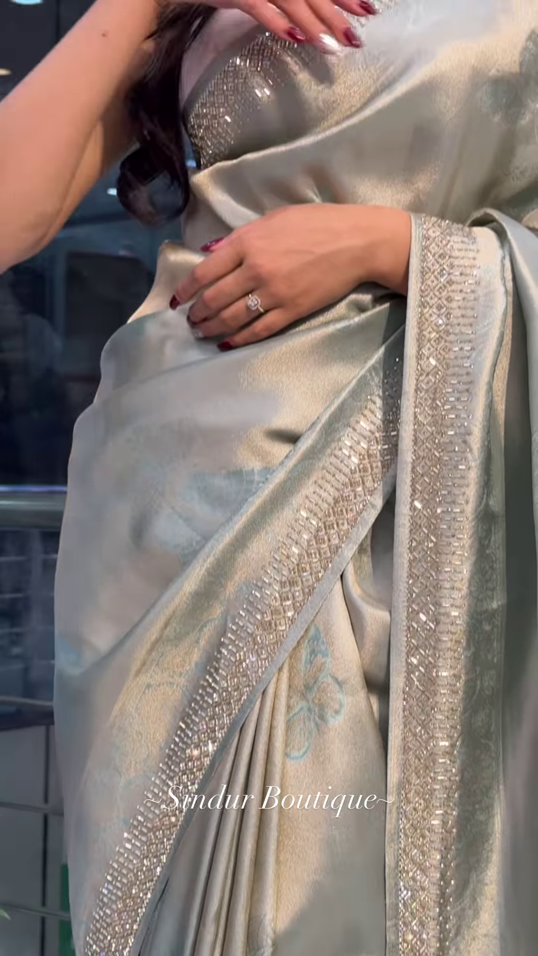 Elegant Sage Green Silk Saree with Sparkling Embellished Border - Image 4
