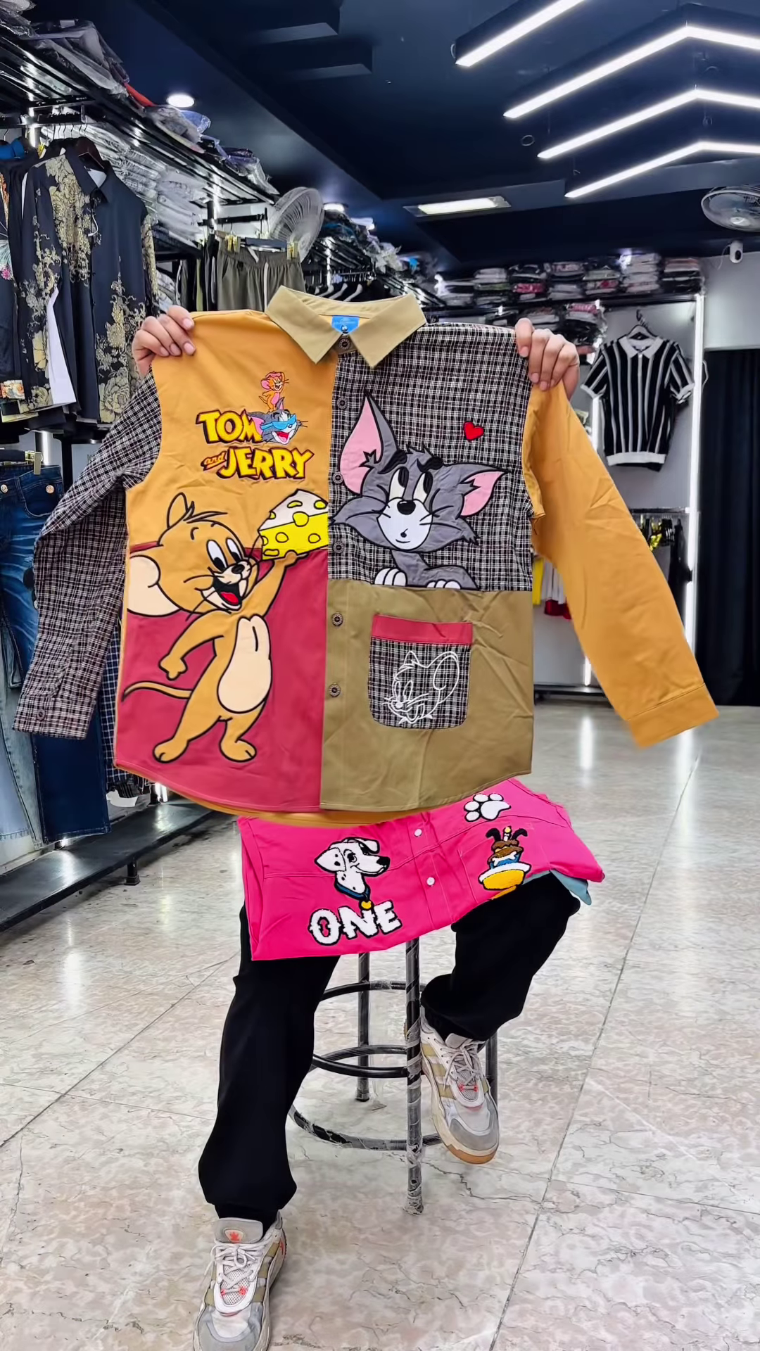 Unique Hand-Painted Cartoon Denim Shirt for Men with Christmas Theme - Image 4