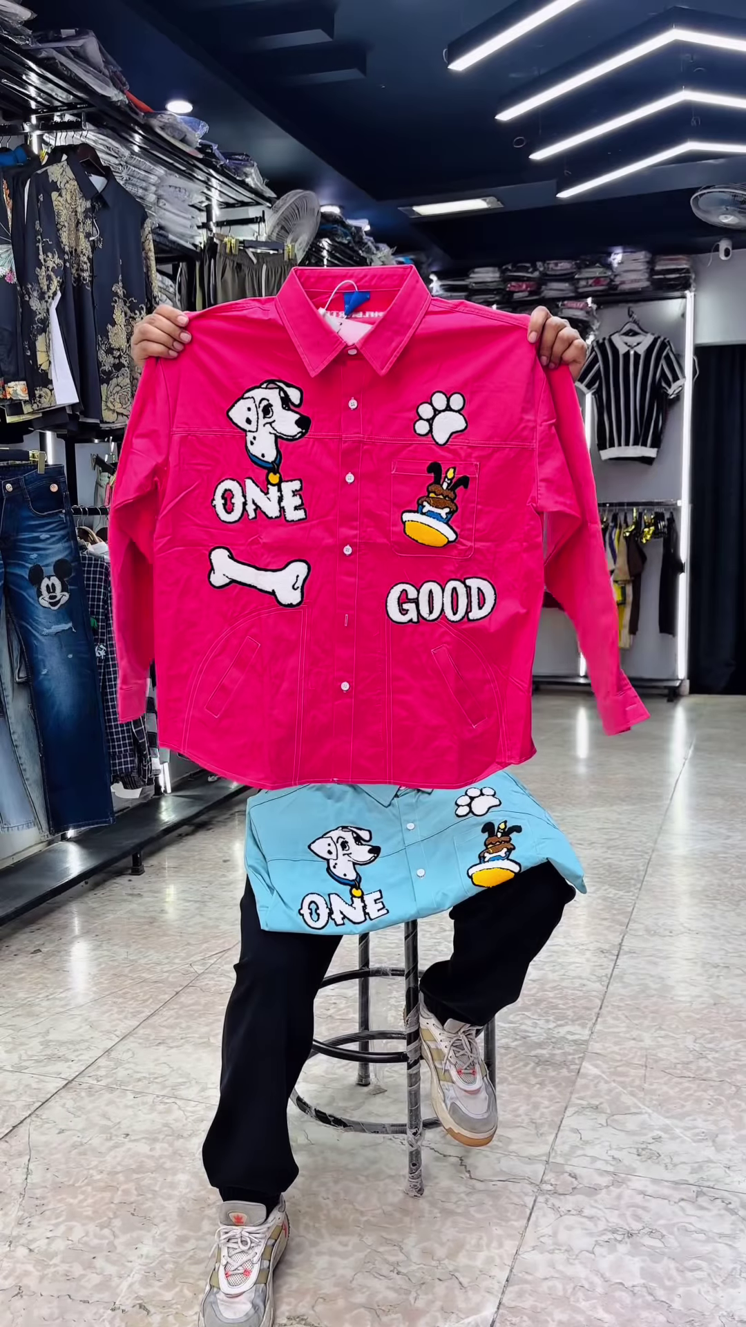 Unique Hand-Painted Cartoon Denim Shirt for Men with Christmas Theme - Image 3