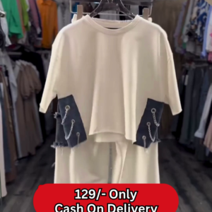 Trendy Women's Cream Cropped T-Shirt and Wide-Leg Pants Set with Chain Detail