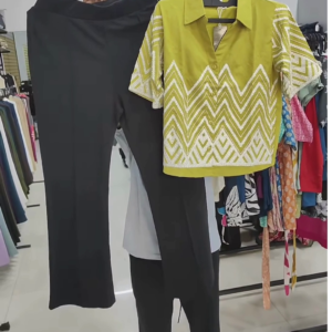 Trendy Women's Olive Green and White Zigzag Embroidered Top with Black Pants Set