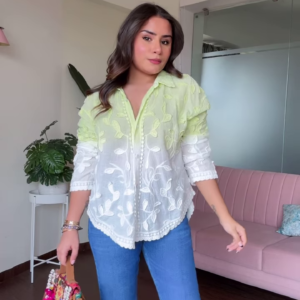 Stylish Women's Ombre Embroidered Top with Ruffle Details and Wide-Leg Jeans