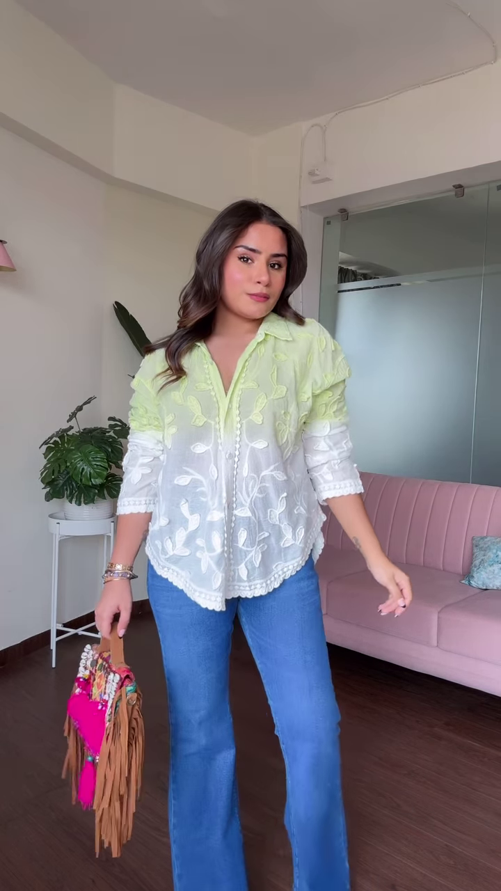 Stylish Women's Ombre Embroidered Top with Ruffle Details and Wide-Leg Jeans