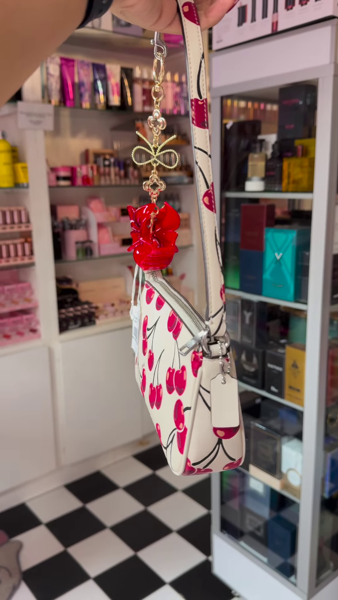 Wristlet with Cherry Print and Red Flower Charm - Image 2