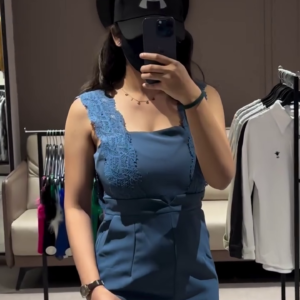 Stylish Blue Jumpsuit with Lace Detail and Wide Legs