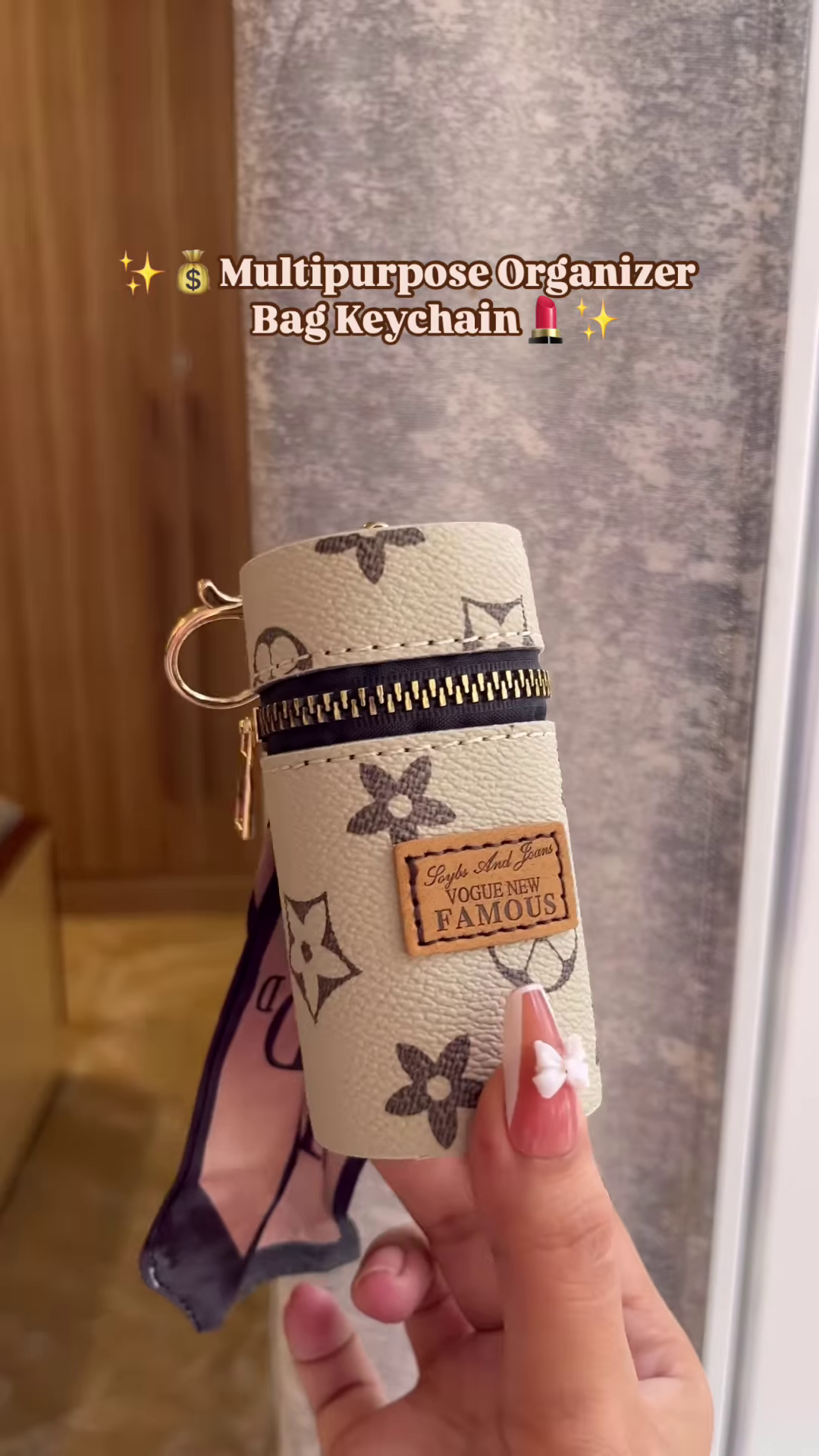 Compact Cylinder Keychain Bag with Zipper and Decorative Scarf - Image 6