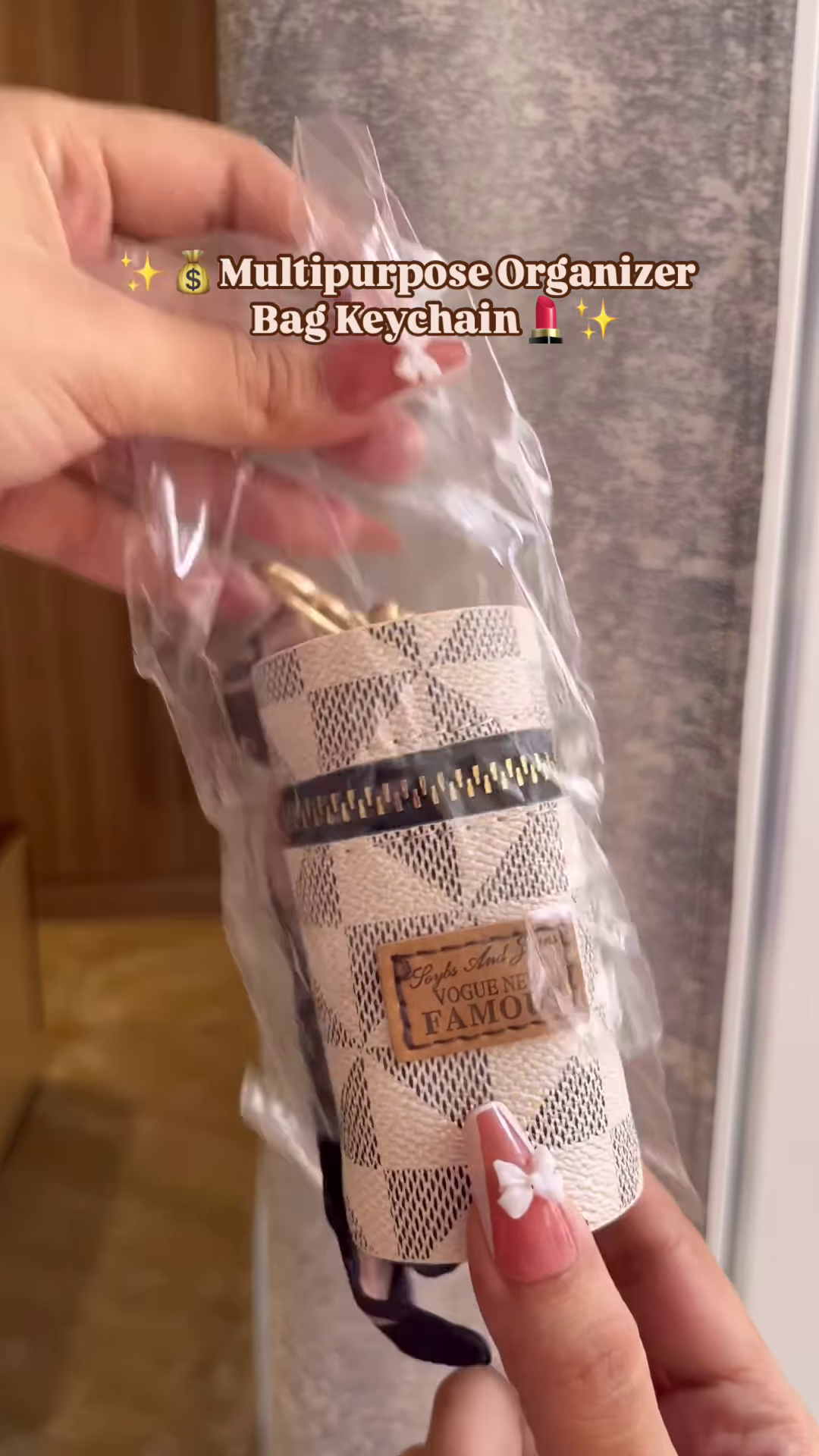 Compact Cylinder Keychain Bag with Zipper and Decorative Scarf - Image 4