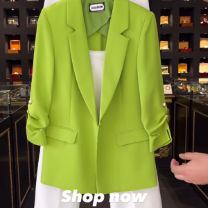 Vibrant Lime Green Blazer with Ruched Sleeves and Pearl Detail