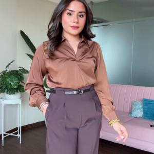 Elegant Satin Blouse with Twisted Front Detail and Long Sleeves