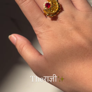 Ornate Gold-Toned Adjustable Ring with Ruby, Pearl, and Intricate Filigree