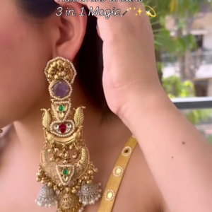 Elaborate Gold-Toned Chandbali Jhumka Earrings with Gemstones and Kashmiri Chains