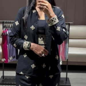 Elegant Black Embroidered Three-Piece Kurta Set with Long Jacket