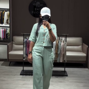 Relaxed Fit Linen Blend Two-Piece Set with Cropped Top and Wide-Leg Pants