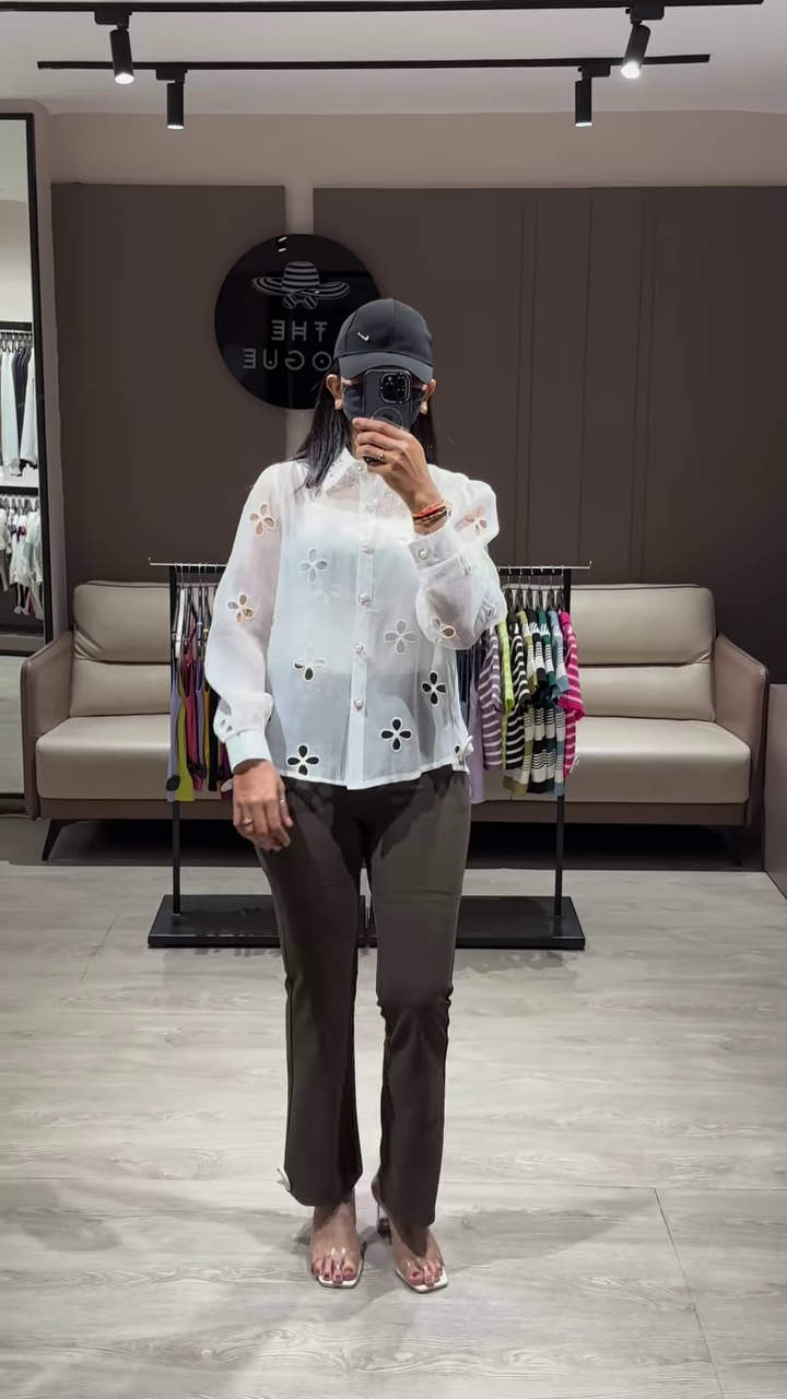 Elegant Sheer White Blouse with Ruffled Sleeves and Button-Down Front - Image 4