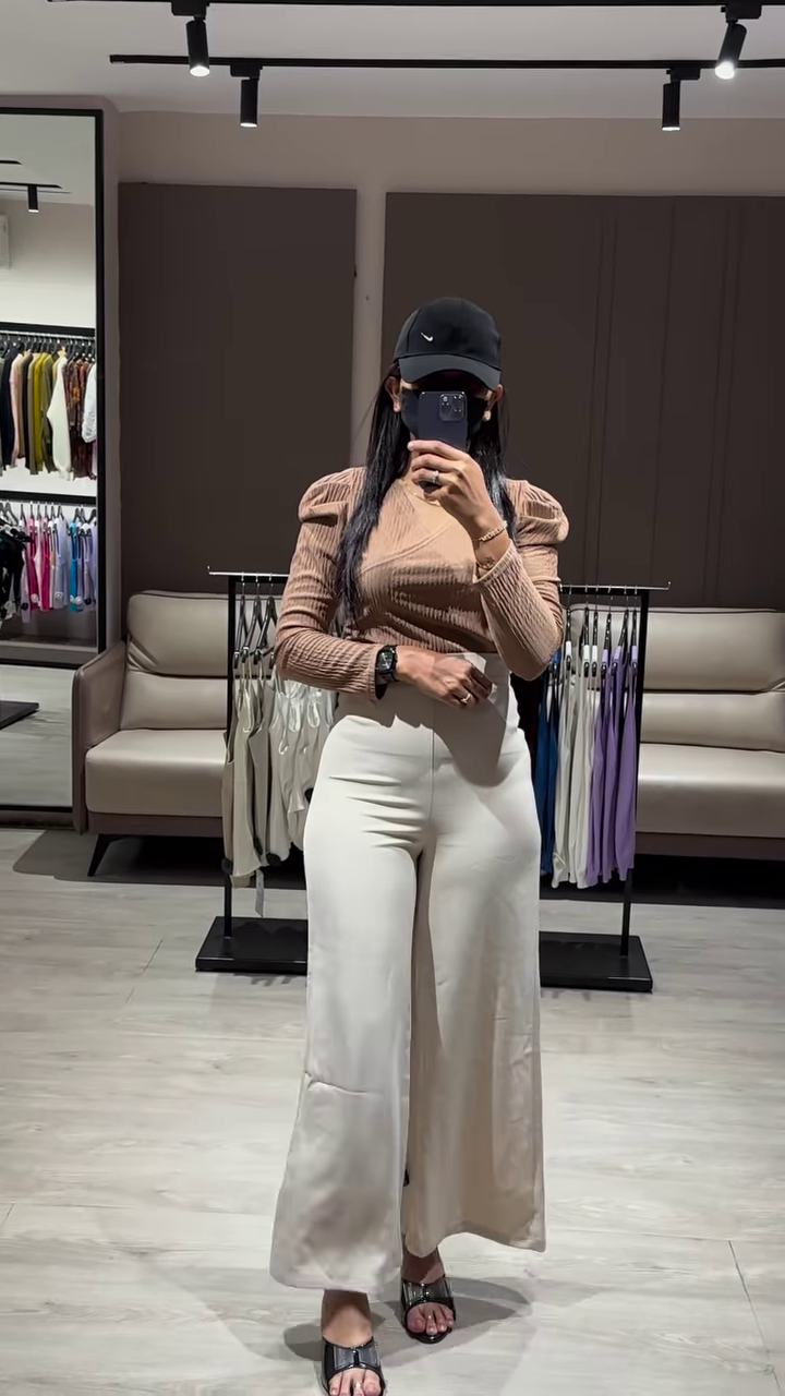 Elegant Ruched Sleeve Top with Deep V-Neck and High-Waisted Wide-Leg Pants - Image 3