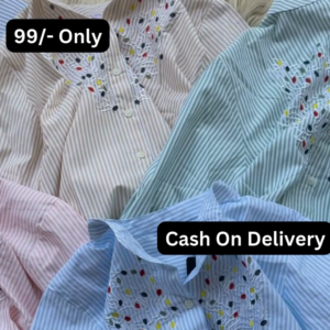 Striped Button-Down Shirt with Colorful Embroidered Collar Detail