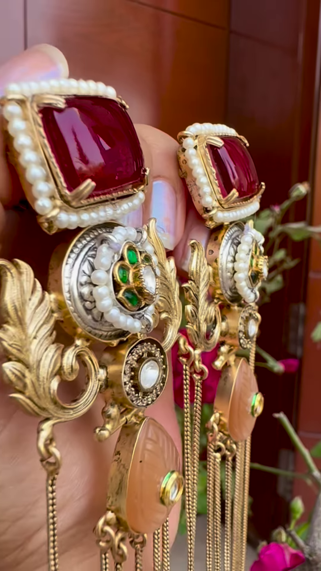 Elaborate Gold-Toned Kashmiri Jhumka Earrings with Gemstones and Chain Dangles - Image 2