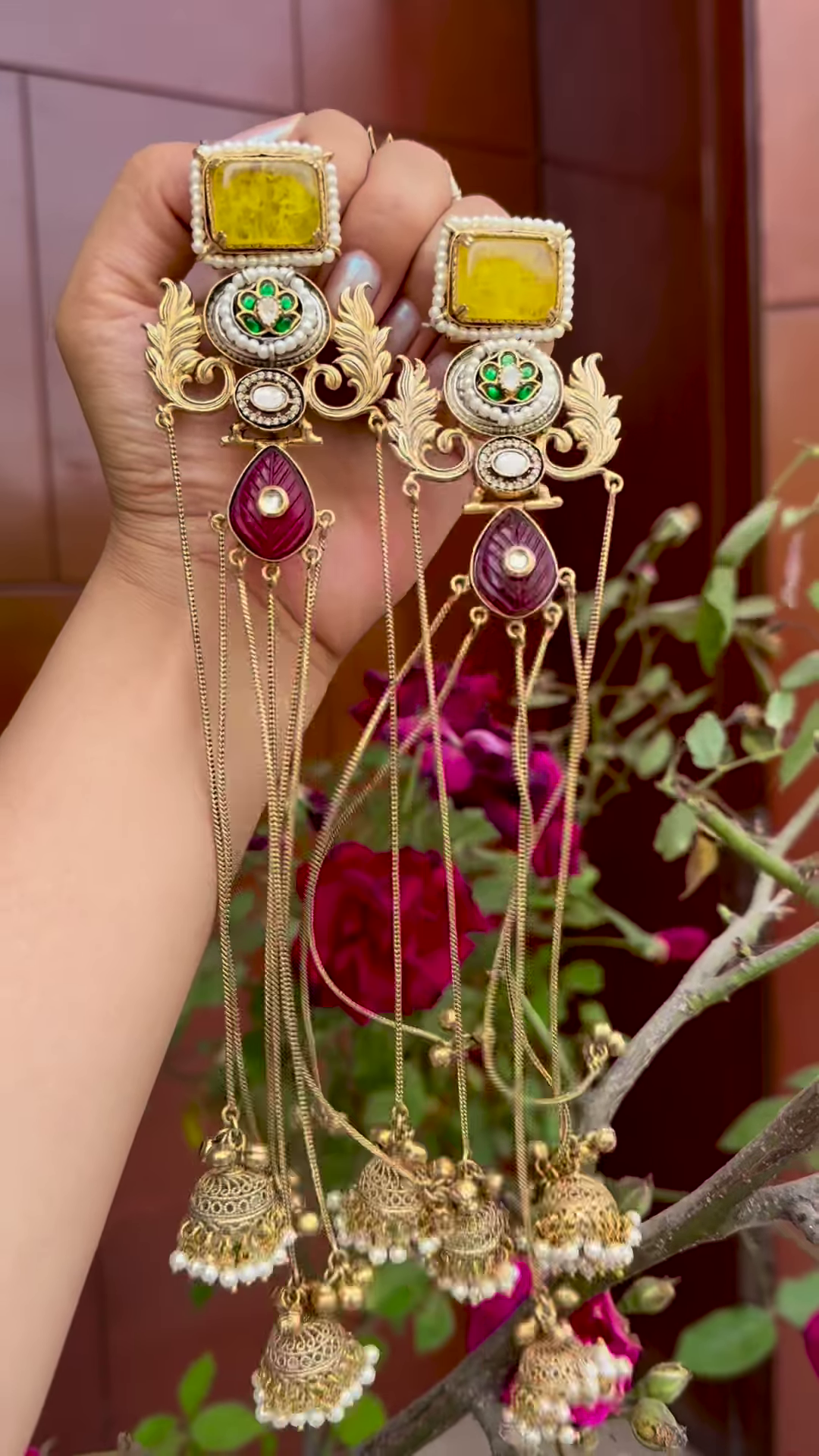 Elaborate Gold-Toned Kashmiri Jhumka Earrings with Gemstones and Chain Dangles - Image 6