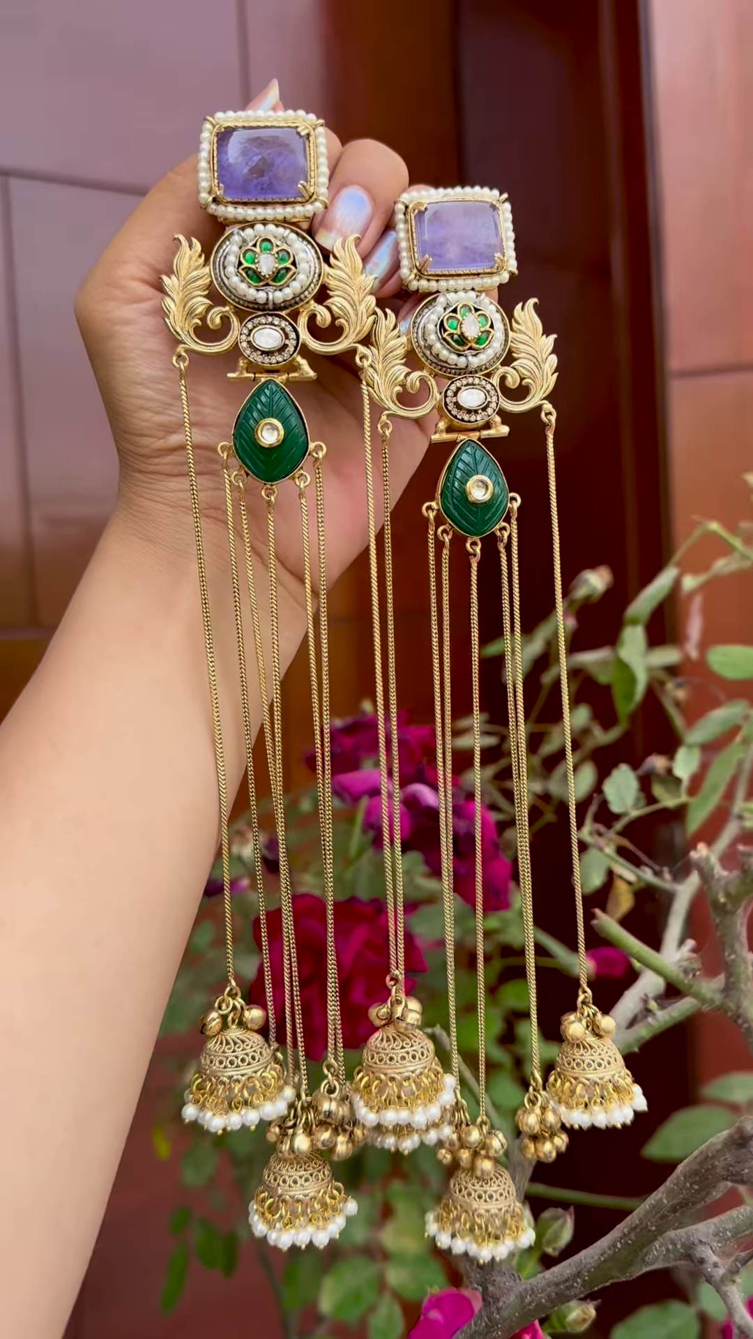 Elaborate Gold-Toned Kashmiri Jhumka Earrings with Gemstones and Chain Dangles - Image 4