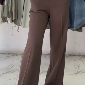 High-Waisted Wide-Leg Trousers in Solid Earth Tone