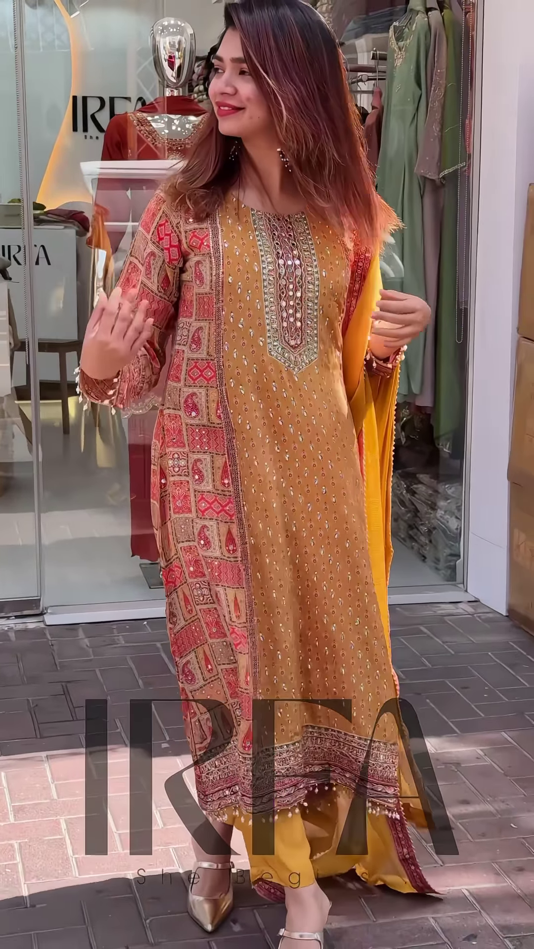 Elegant Printed Straight-Cut Kurti with Embellished Neckline and Coordinating Bottoms - Image 6